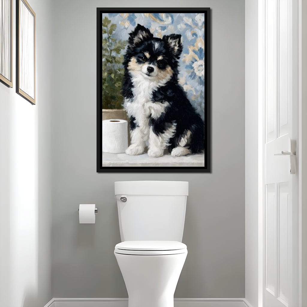 Playful Puppy Bathroom Guard Canvas Wall Art
