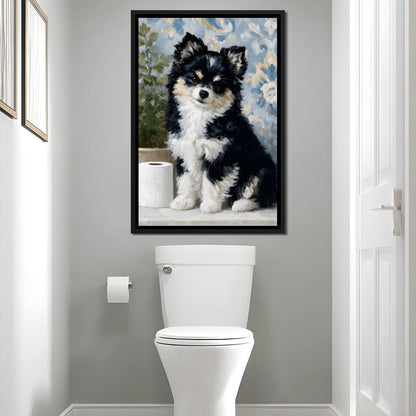 Playful Puppy Bathroom Guard Canvas Wall Art
