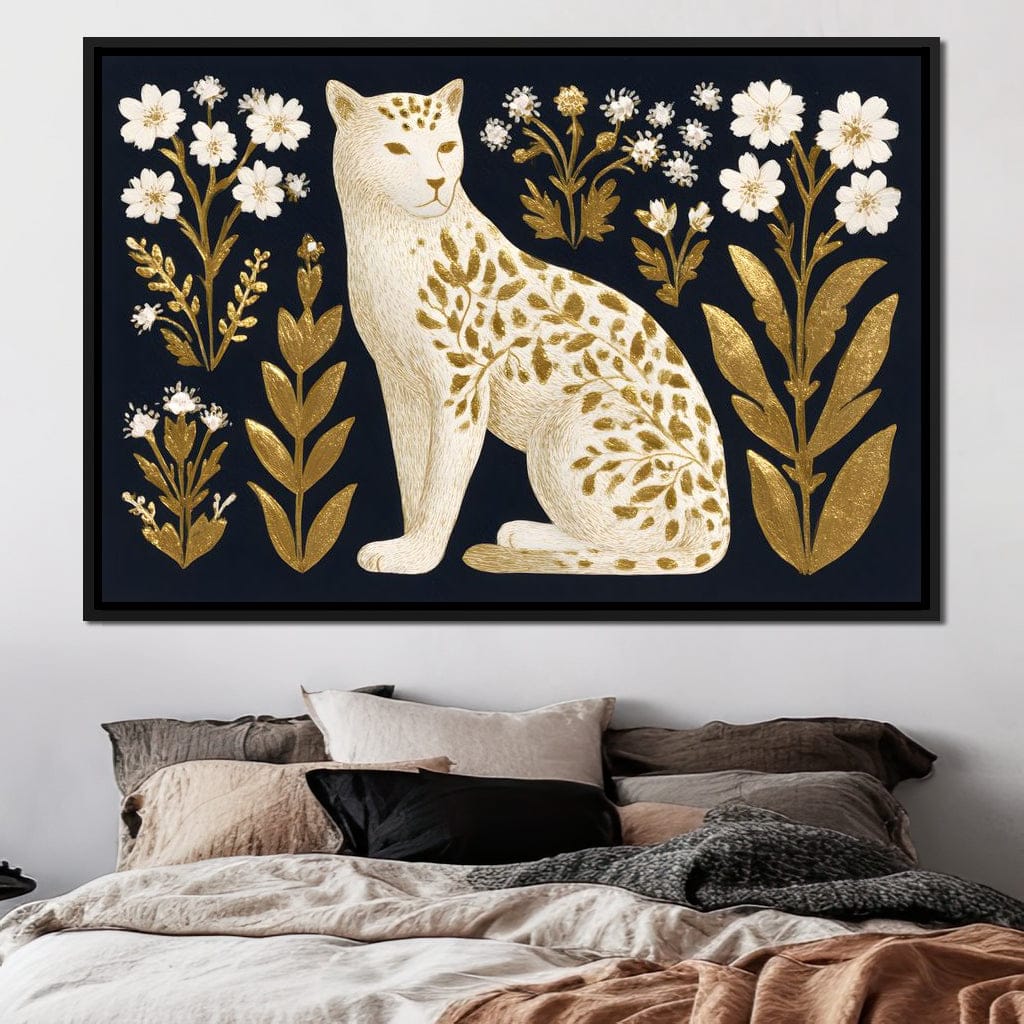 Golden Botanical Leopard Cat Canvas Wall Art