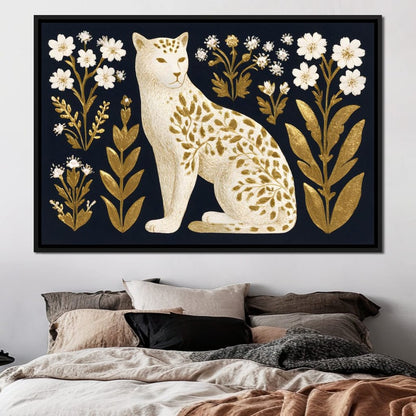 Golden Botanical Leopard Cat Canvas Wall Art