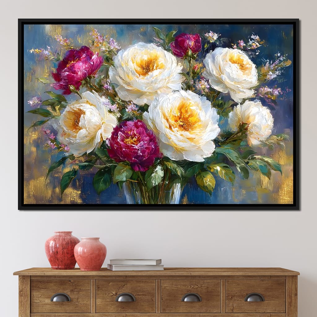 Golden Peonies on Blue Background Canvas Wall Art