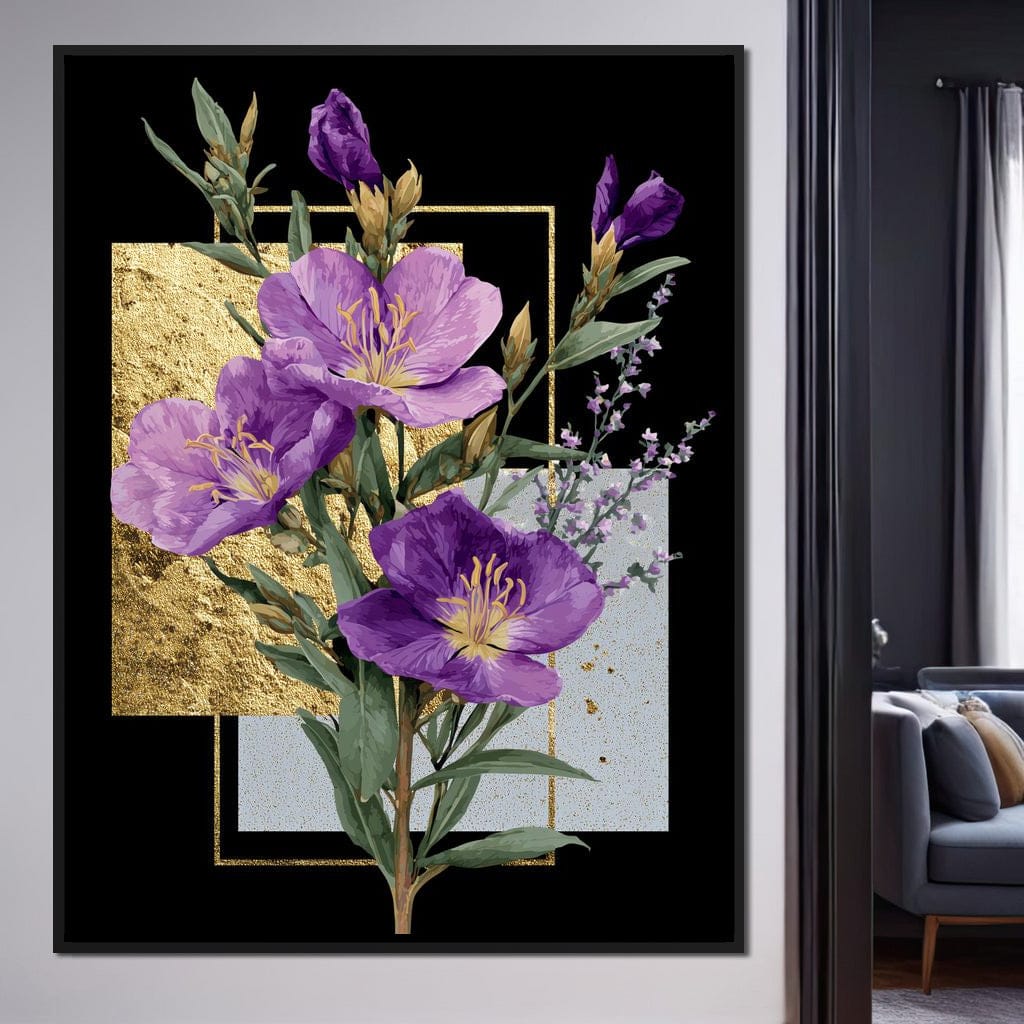 Golden Frame Violet Blossoms Canvas Wall Art