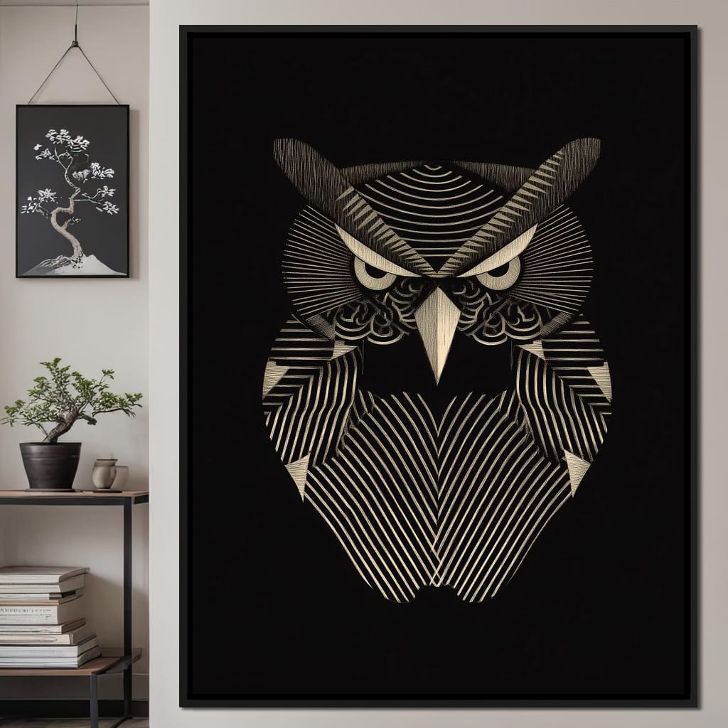Golden Geometric Owl Guardian Canvas Wall Art