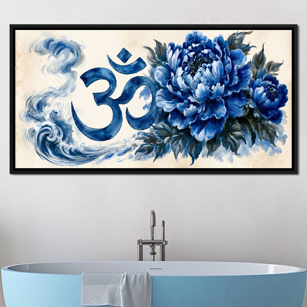 Om Blue Peony Meditation Mood Canvas Wall Art