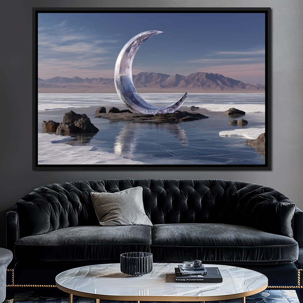 Silver Crescent Over Salt Flats Canvas Wall Art