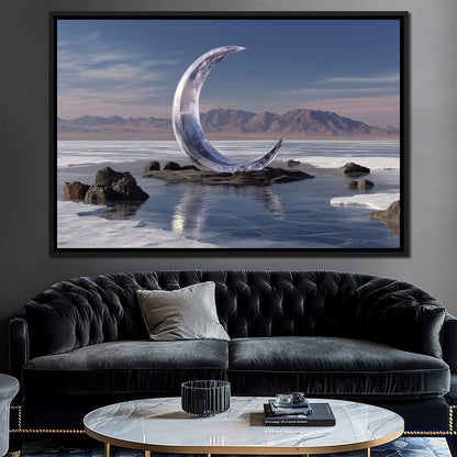 Silver Crescent Over Salt Flats Canvas Wall Art