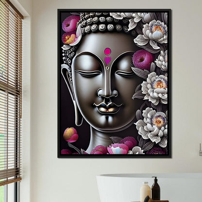 Buddha & Flowers Grey Canvas Wall Art