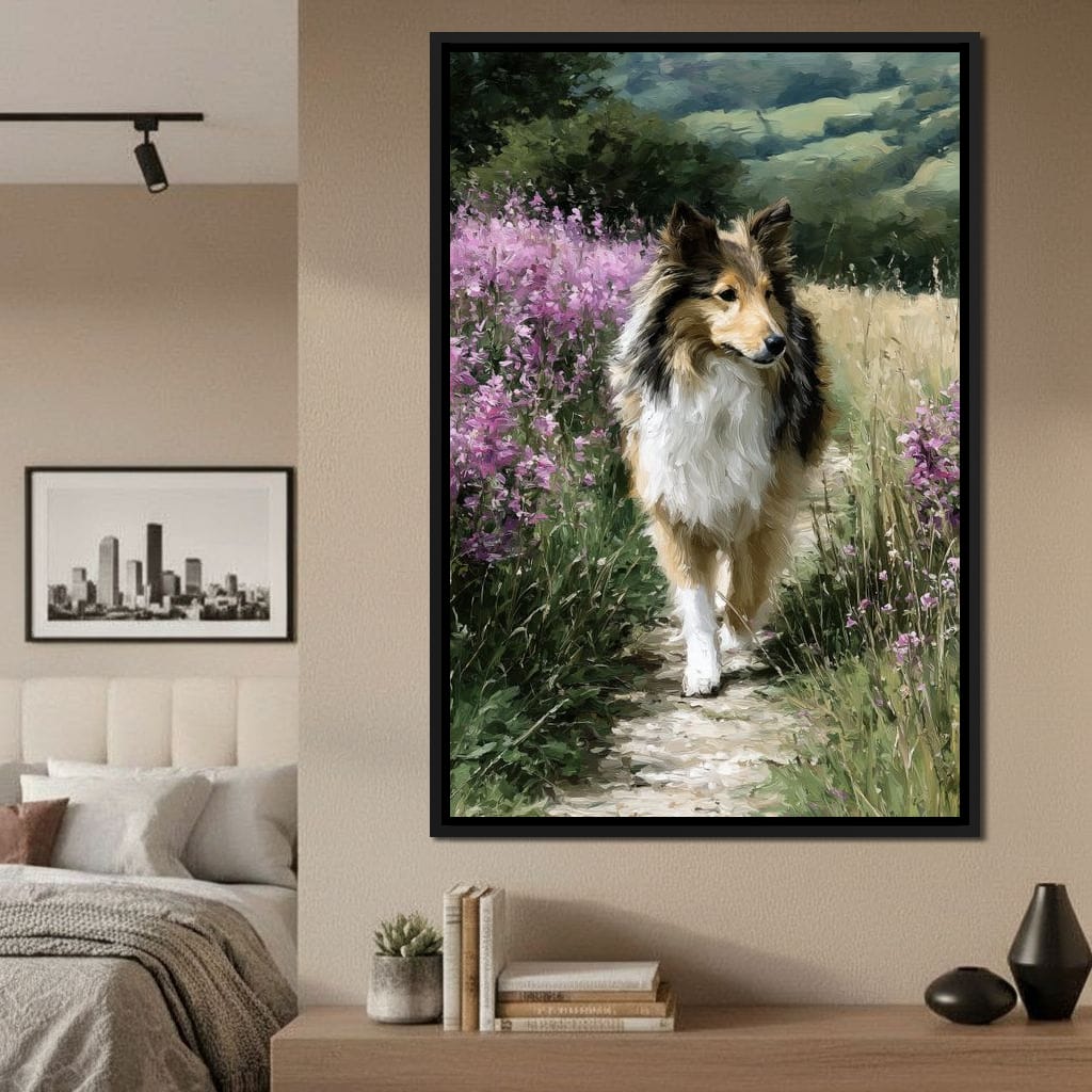 Sheltie Meadow Path Portrait Canvas Wall Art