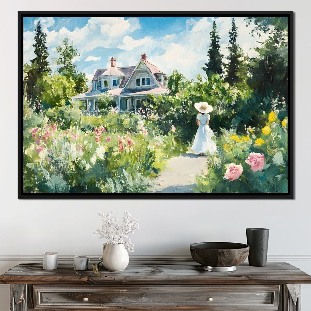 Sunlit Garden By Victorian House Canvas Wall Art