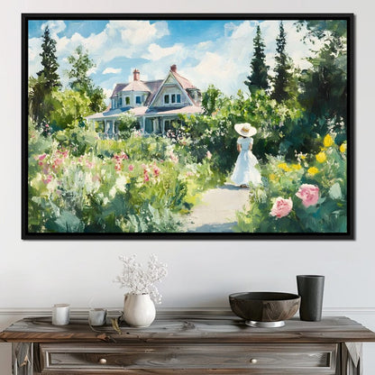 Sunlit Garden By Victorian House Canvas Wall Art