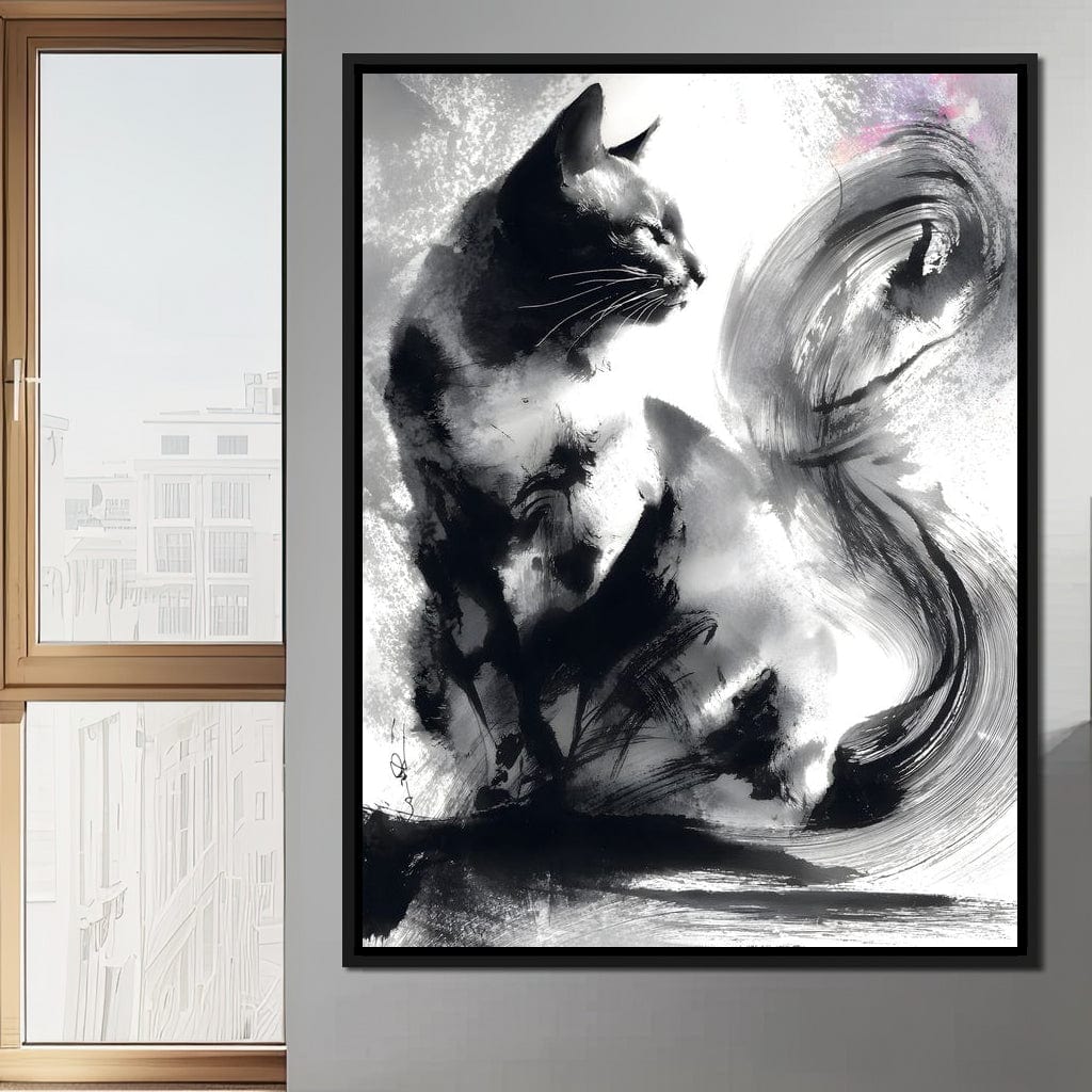 Sumi Ink Cat Reflecting Shadow Canvas Wall Art