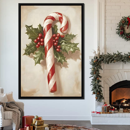 Christmas Candy Cane Holly Joy Canvas Wall Art