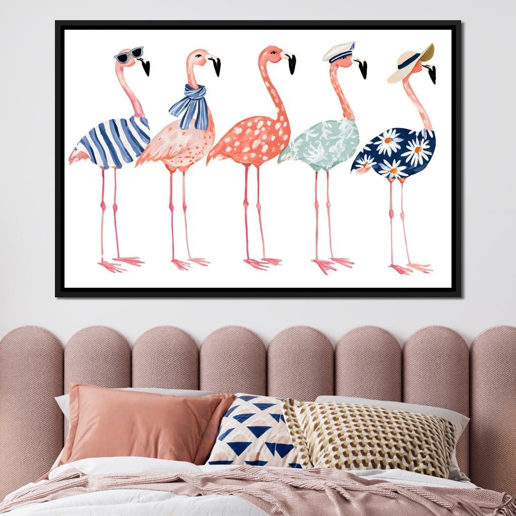 Five Stylish Flamingos on Summer Vacation Canvas Wall Art