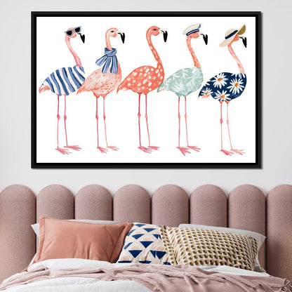Five Stylish Flamingos on Summer Vacation Canvas Wall Art