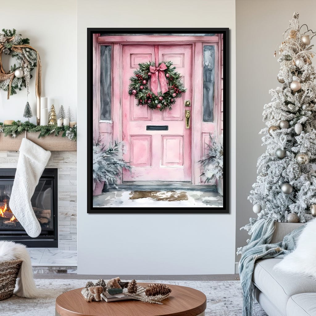 Winter Welcome Pink Door Canvas Wall Art