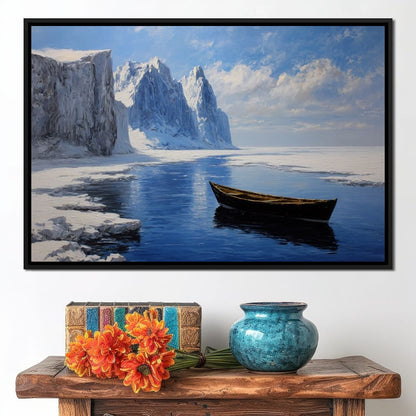 Silent Boat on Frozen Fjord Canvas Wall Art