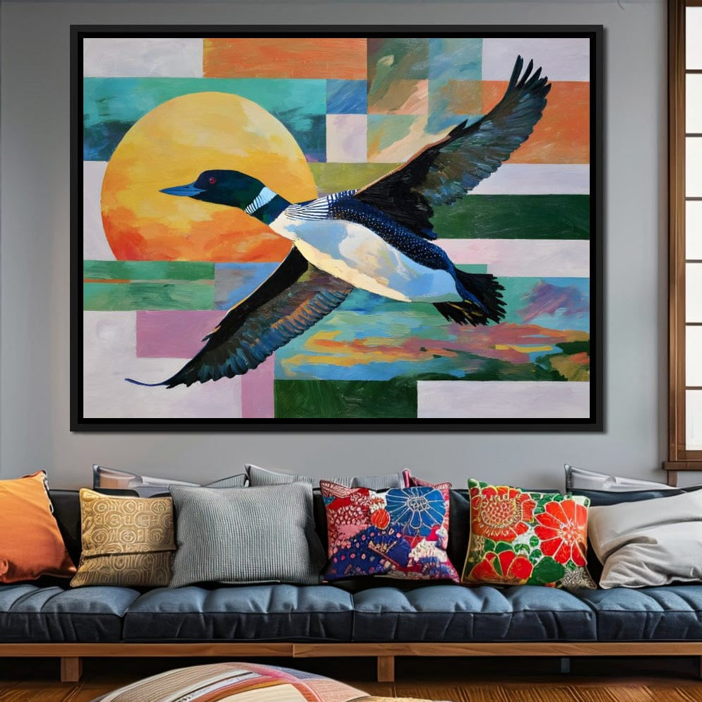 Flying Loon Over Golden Sun Canvas Wall Art