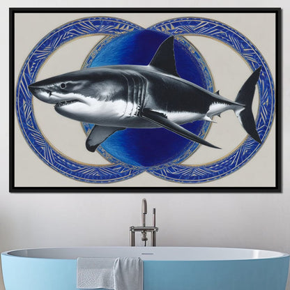 Great White Shark Emblem Blue Canvas Wall Art