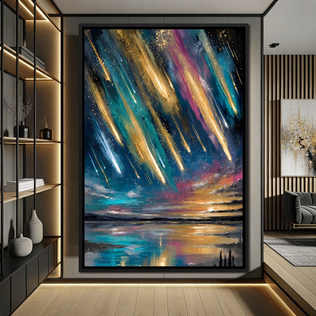 Golden Meteors Over Silent Lake Canvas Wall Art