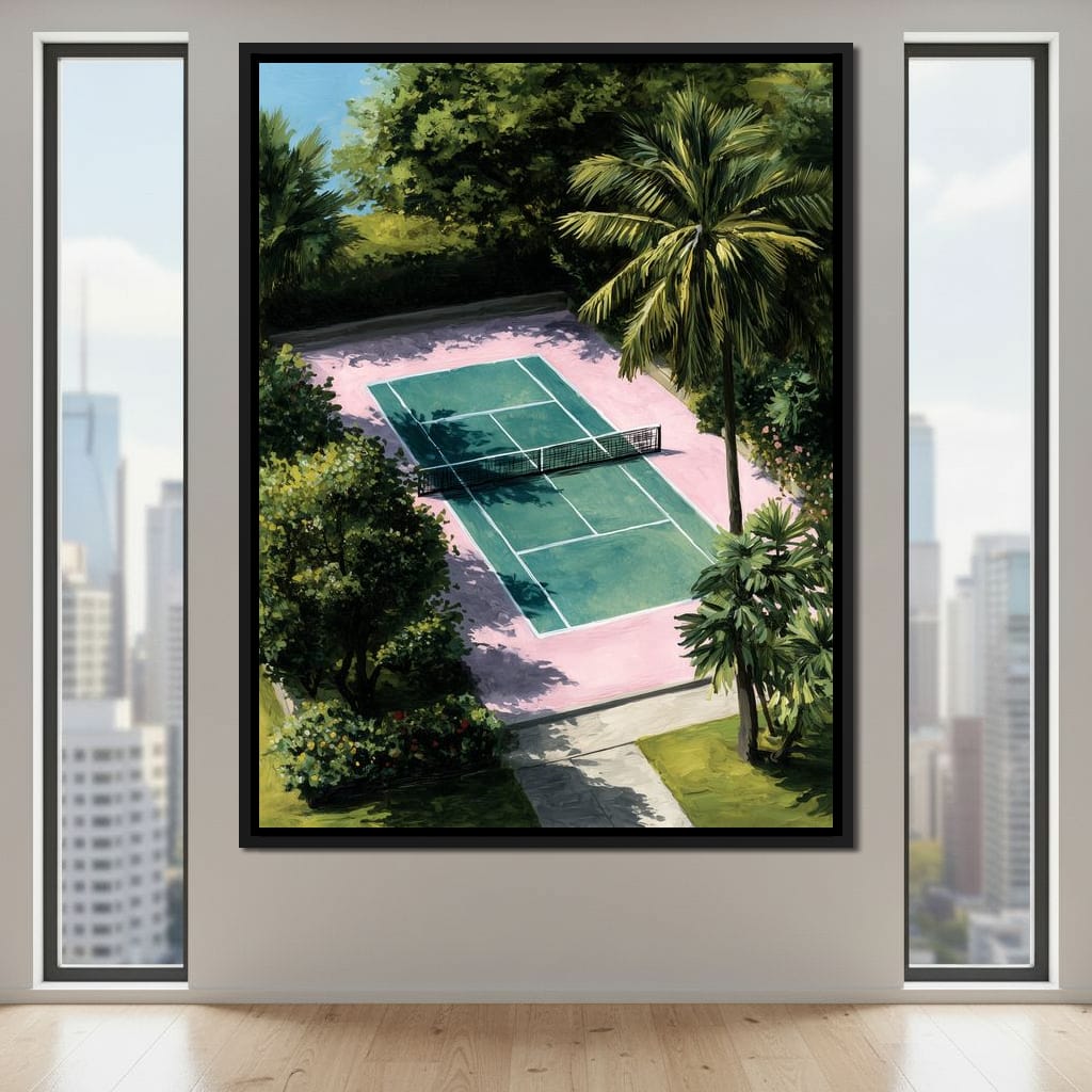 Palm Court Tennis Retreat Scene Canvas Wall Art
