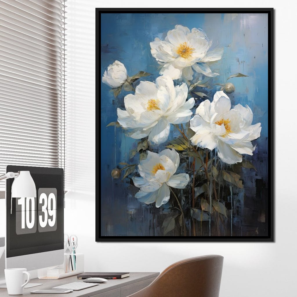 White Peonies on Light Blue Background Canvas Wall Art