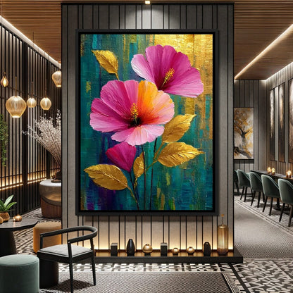 Teal Garden Golden Petals Flourish Canvas Wall Art