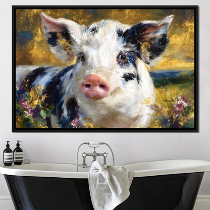 Golden Meadow Piglet Portrait Canvas Wall Art