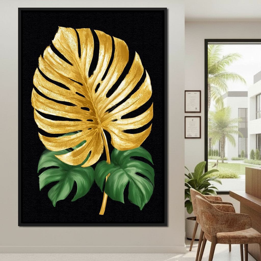 Golden Monstera Leaf Elegance Canvas Wall Art