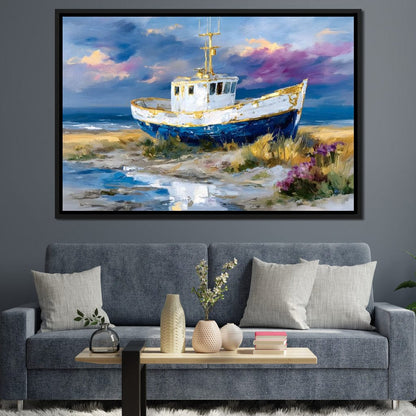 Coastal Boat Under Violet Sky Canvas Wall Art
