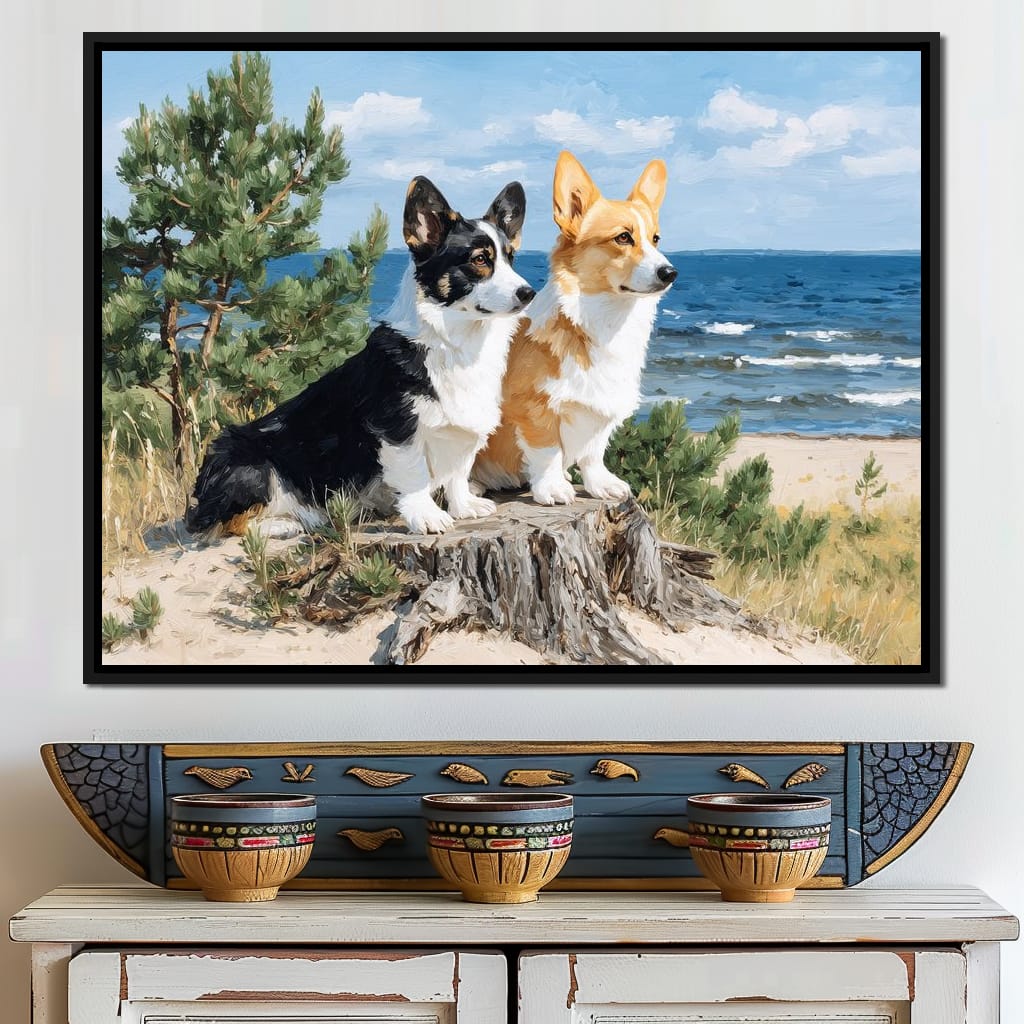 Coastal Corgi Pair Lookout Canvas Wall Art