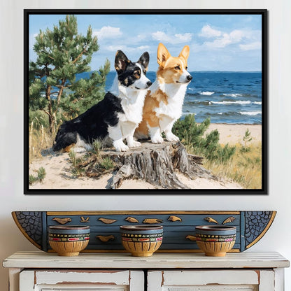 Coastal Corgi Pair Lookout Canvas Wall Art