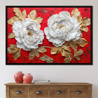 Golden Petals on Ruby Waves Canvas Wall Art