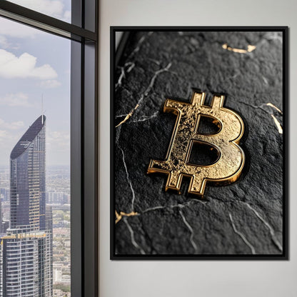 Golden Bitcoin Luxe Marble Icon Canvas Wall Art