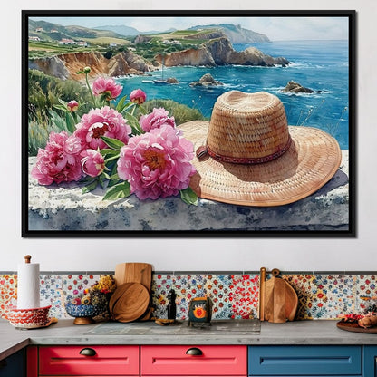 Seaside Blooms and Straw Hat Canvas Wall Art