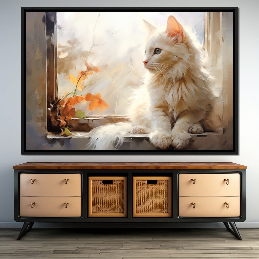 White Cat Sitting on Windowsill Canvas Wall Art