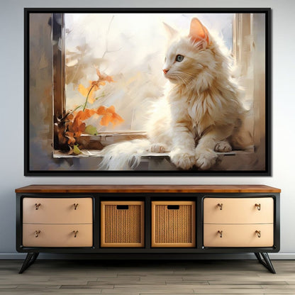 White Cat Sitting on Windowsill Canvas Wall Art