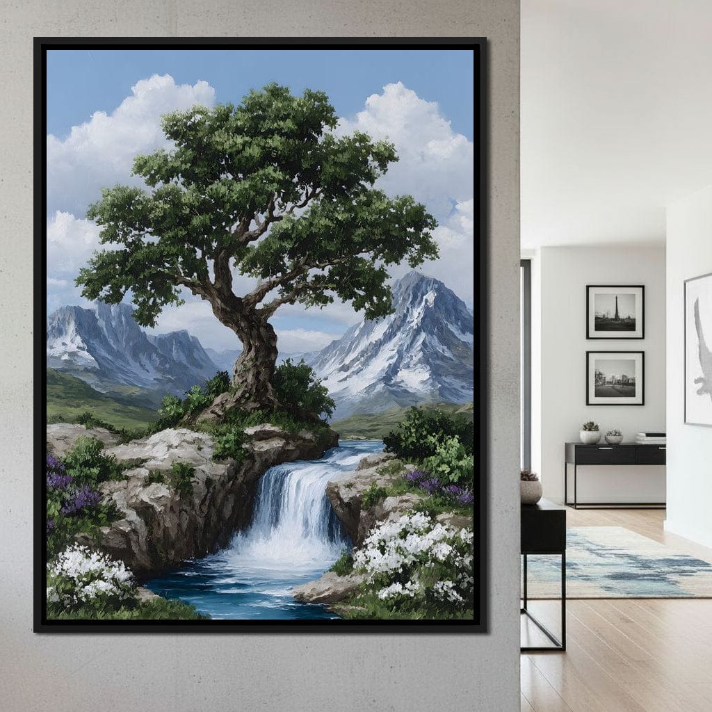 Majestic Tree Mountain Falls Canvas Wall Art