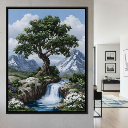 Majestic Tree Mountain Falls Canvas Wall Art