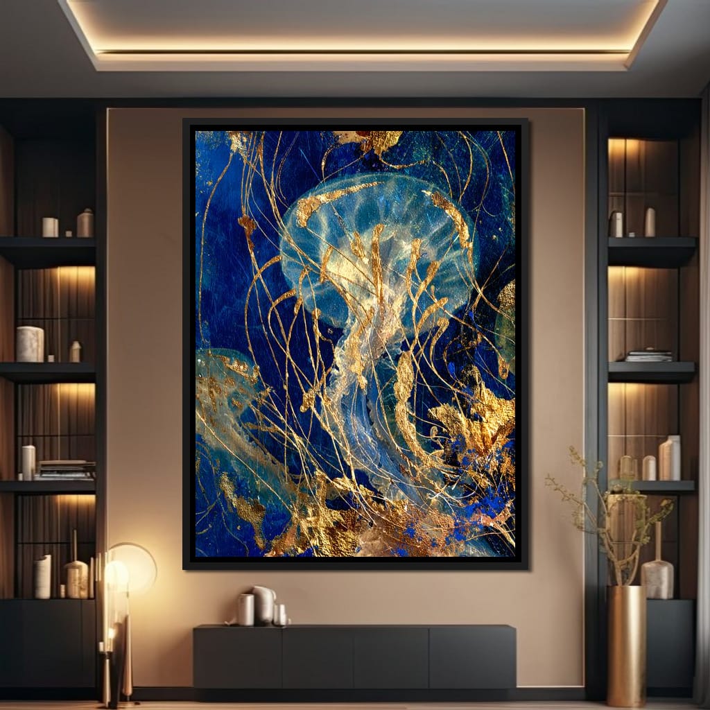 Golden Jellyfish Deep Blue Sea Canvas Wall Art