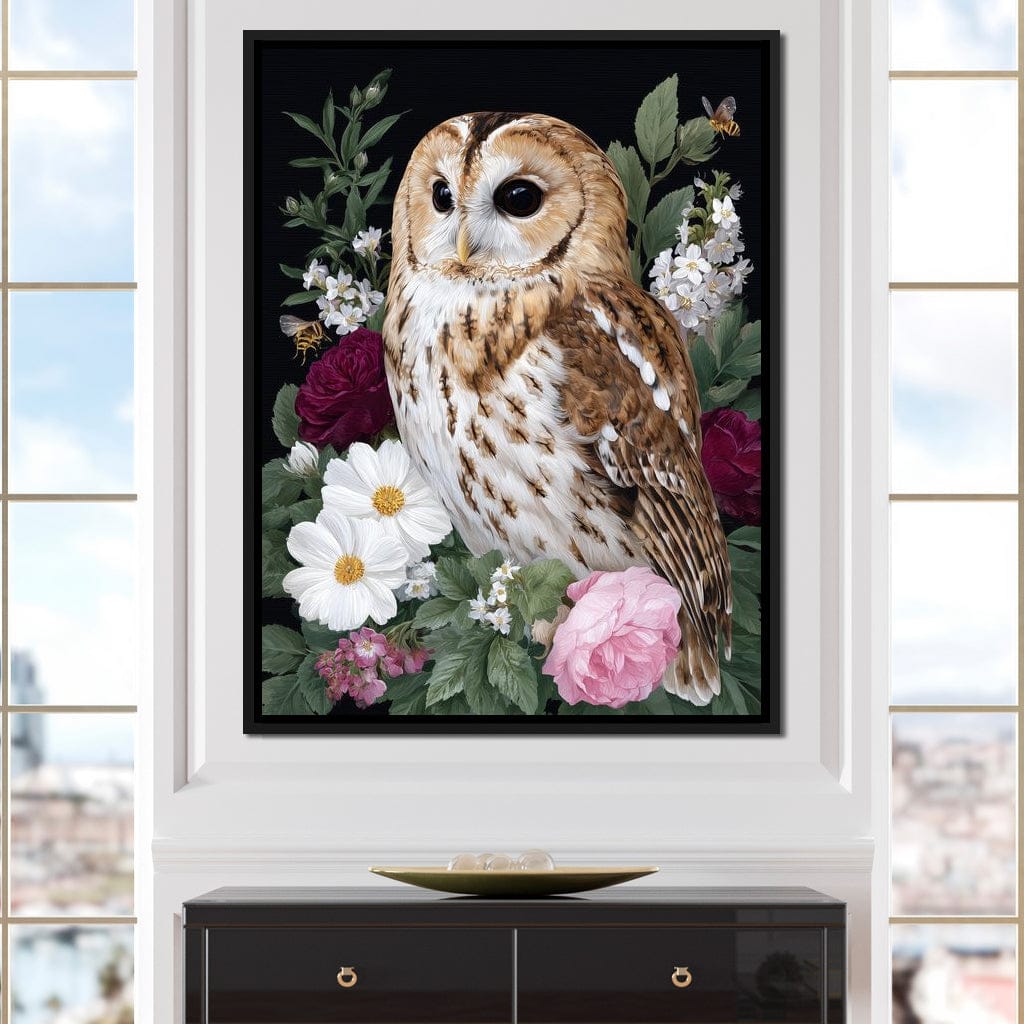 Barn Owl Floral Night Garden Canvas Wall Art