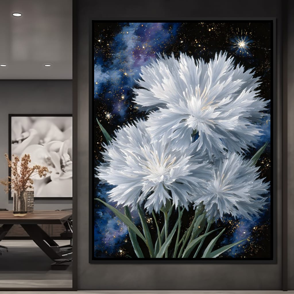 Starlit White Mum Bouquet Canvas Wall Art