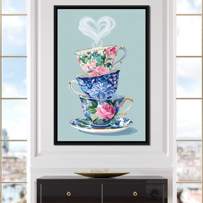 Vintage Floral Teacup Stack Delight Canvas Wall Art