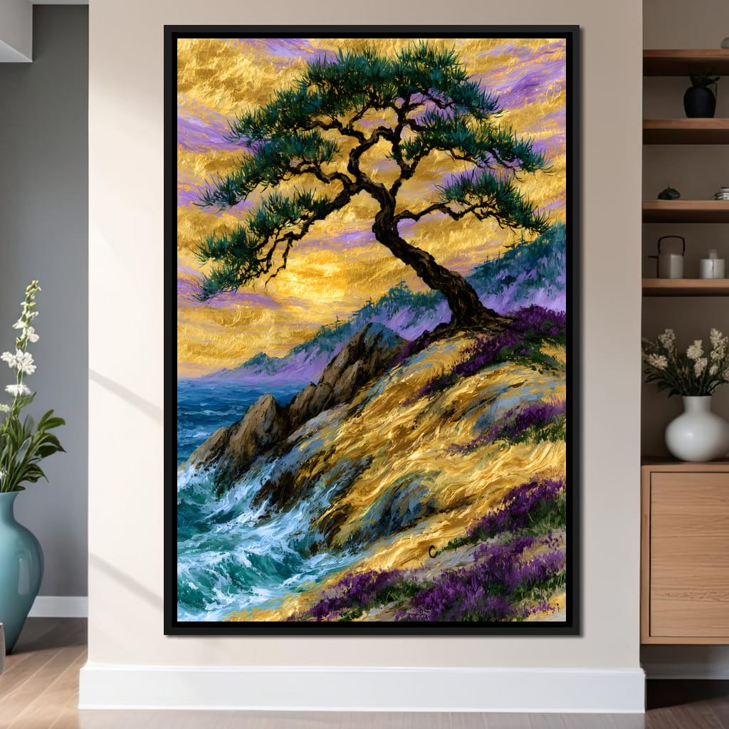 Golden Shoreline Beneath An Ancient Pine Canvas Wall Art