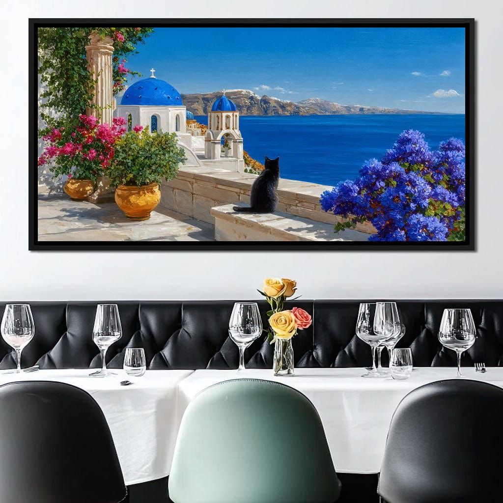 Santorini Blue Domes Cat Escape Canvas Wall Art