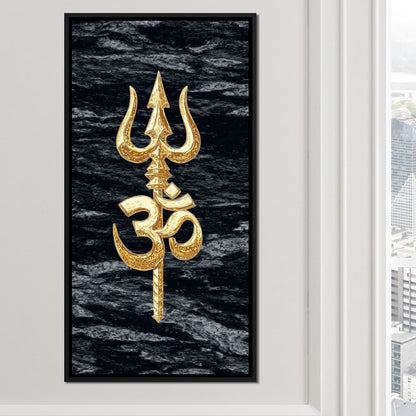 Golden Om Trishul Emblem Canvas Wall Art