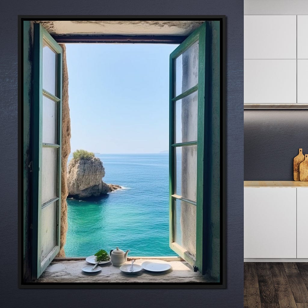 Oceanic Vista Through Wooden Pane Canvas Wall Art
