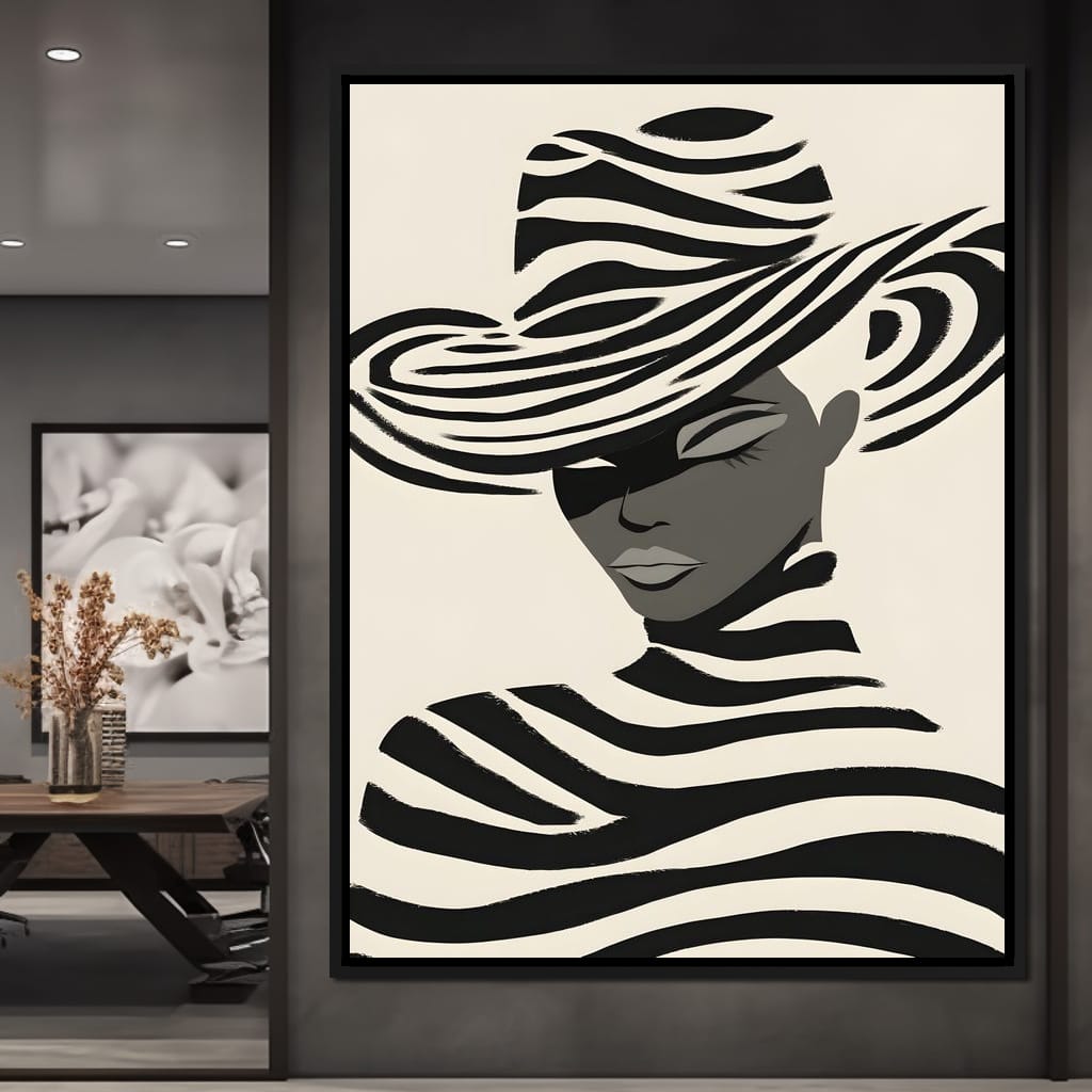 Monochrome Zebra Hat Lady Canvas Wall Art