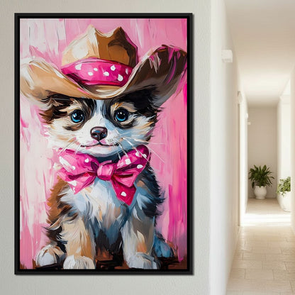 Cute Cowboy Puppy Pink Bow Charm Canvas Wall Art