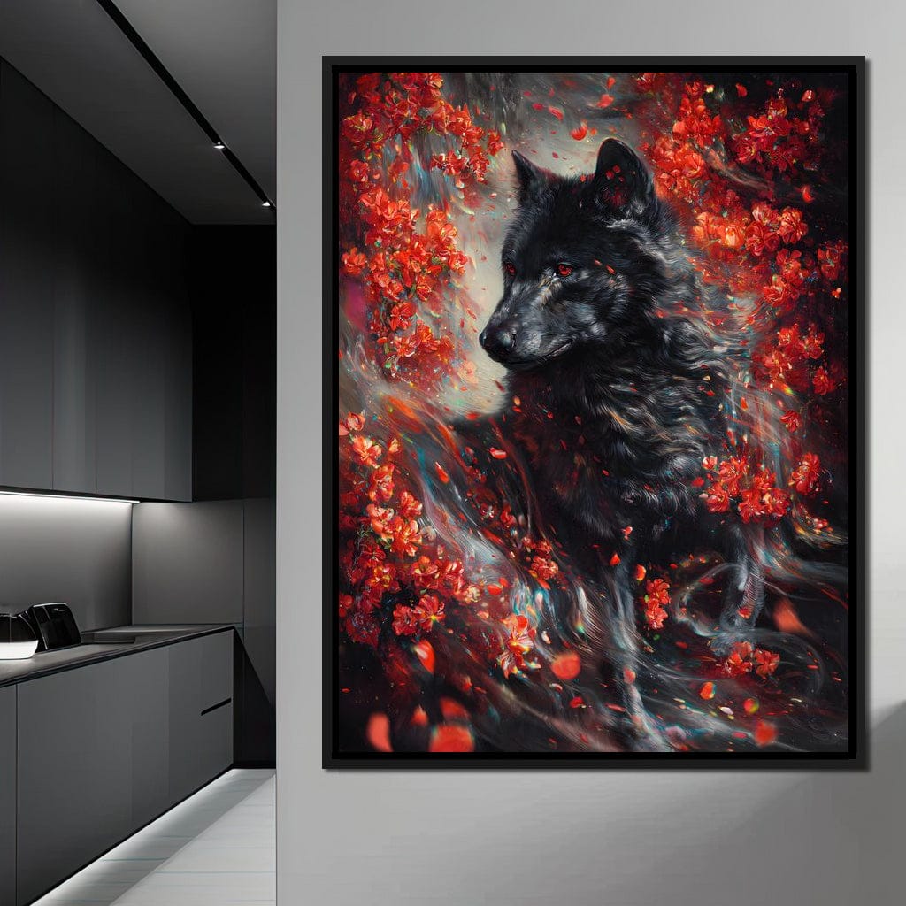Black Wolf Rose Petal Storm Canvas Wall Art