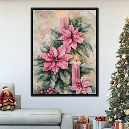Festive Poinsettia Candle Glow Canvas Wall Art